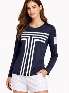 Tory Burch Sport Long Sleeve Athletic Top Blue White Size L Tennis Golf Preppy